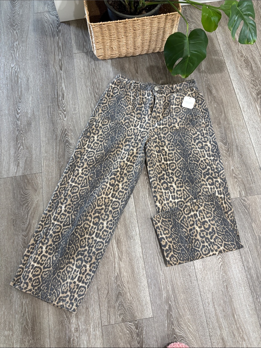 Alter’d State Leopard Print Wide Leg Utility Jeans Cotton Animal Print